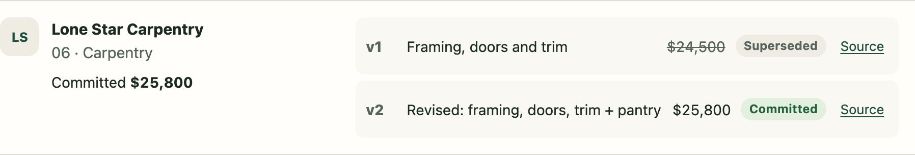 Lone Star Carpentry: version 1 at $24,500 marked superseded, version 2 at $25,800 committed.